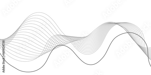 A minimalist abstract design featuring a dynamic, flowing wave pattern composed of thin, parallel lines in shades of gray, creating subtle depth on a clean white background.