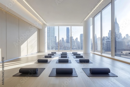 Yoga studio with mats overlooking city skyline, modern fitness space, bright and airy