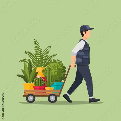 Man Pulling Wooden Cart with Green Potted Plants on Pastel Green Background
