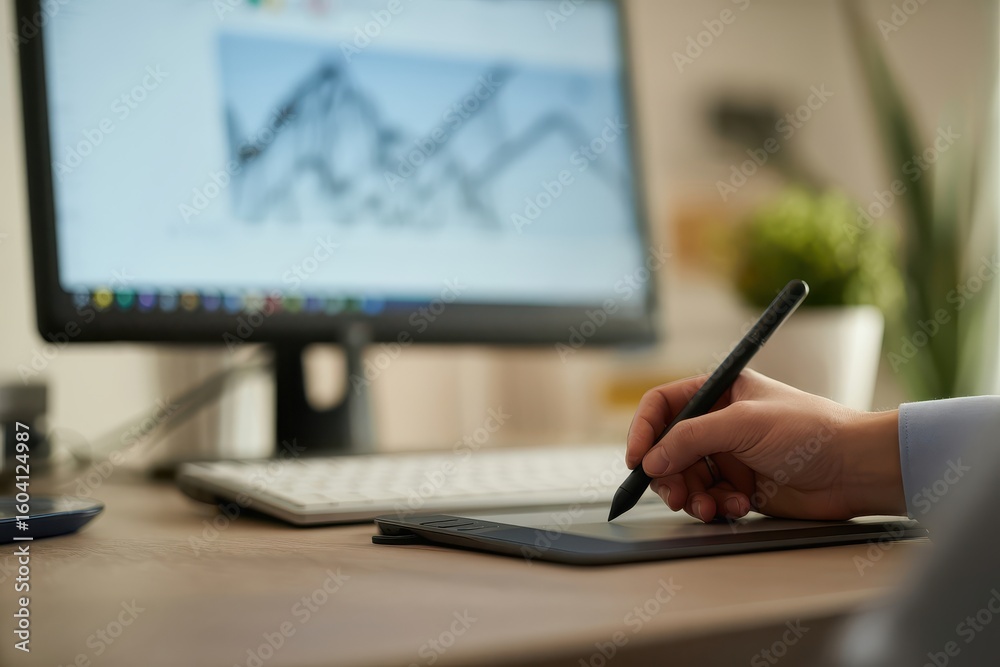Fototapeta premium Person using a digital drawing tablet and stylus to create art on a computer