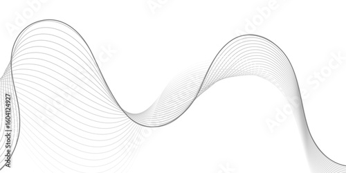 A minimalist abstract design featuring a dynamic, flowing wave pattern composed of thin, parallel lines in shades of gray, creating subtle depth on a clean white background.