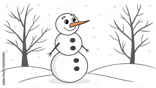 A cheerful cartoon snowman with a carrot nose and button eyes stands in a snowy landscape with bare trees and falling snowflakes