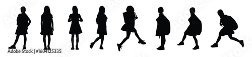 Collection of school girl silhouettes with backpacks, young female students in uniform standing, walking, and jumping, black vector set on white background, perfect for education and back to school th