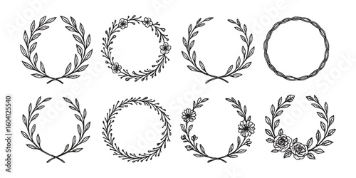 Collection of 8 elegant hand-drawn floral and leafy wreaths in circular form.