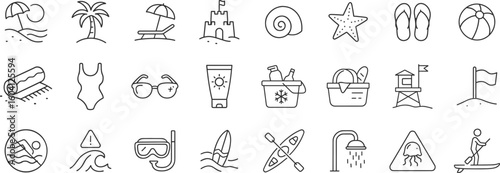 Beach vacation icon set with summer essentials like palm tree, seashell, ball, swimsuit, sunglasses and sandcastle. Outdoor recreation and water safety symbols in clean line vector illustration.