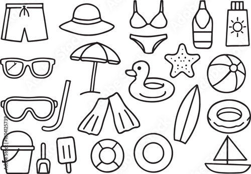 Beach vacation essentials collection line art summer travel