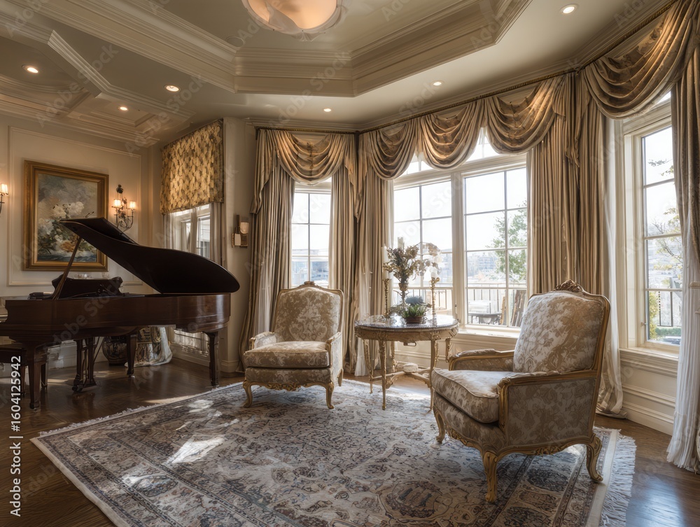 Fototapeta premium Luxurious interior of a music room with a grand piano and elegant furnishings.