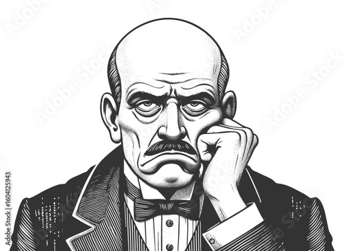 older bald man in formal attire with frustrated, grumpy expression, resting his head on his hand sketch engraving fictional character vector illustration. Scratch board. Black and white.