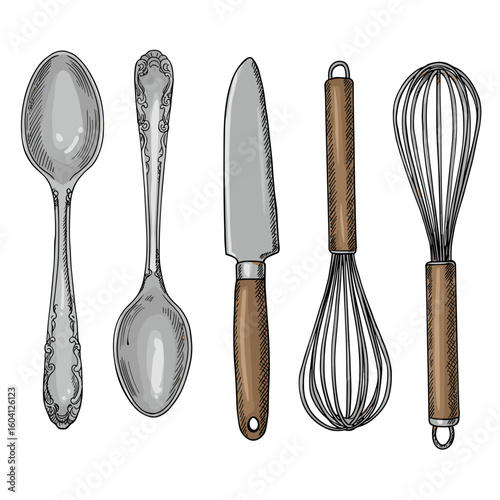 Kitchen utensils including spoons, knife and whisk on white background  