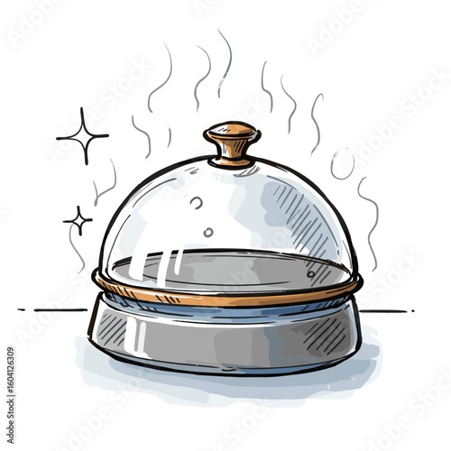 Cloche with steam and shine in doodle style for culinary presentation  