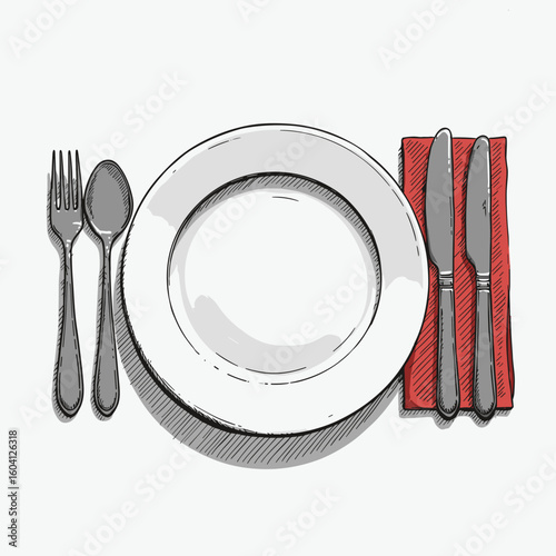 Dining set with fork, spoon, knife, and napkin on white background  