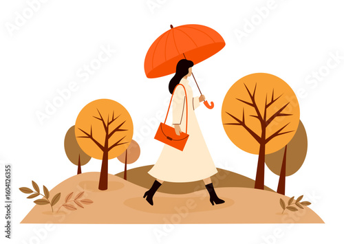 Woman in coat and boots walking with umbrella in autumn park. Fall time. Autumnal landscape with trees. Vector illustration. Not AI