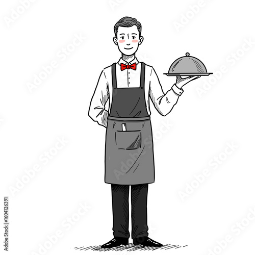 Waiter holding two silver cloche dishes with a friendly smile  
