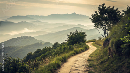 Winding Path to Serenity: A scenic path meanders through rolling hills and mountains, leading towards a tranquil horizon, creating a sense of peace and adventure.