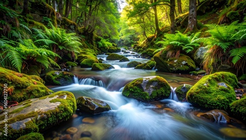 Crystal-clear mountain river flowing over smooth stones, surrounded by mossy rocks and wild ferns, vibrant natural colors