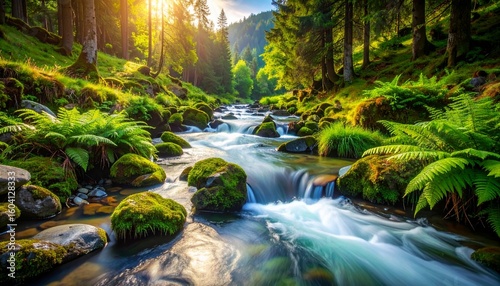 Crystal-clear mountain river flowing over smooth stones, surrounded by mossy rocks and wild ferns, vibrant natural colors