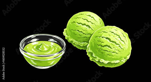 Vector watercolor illustration of wasabi ice cream with wasabi sauce in bowl — top view

