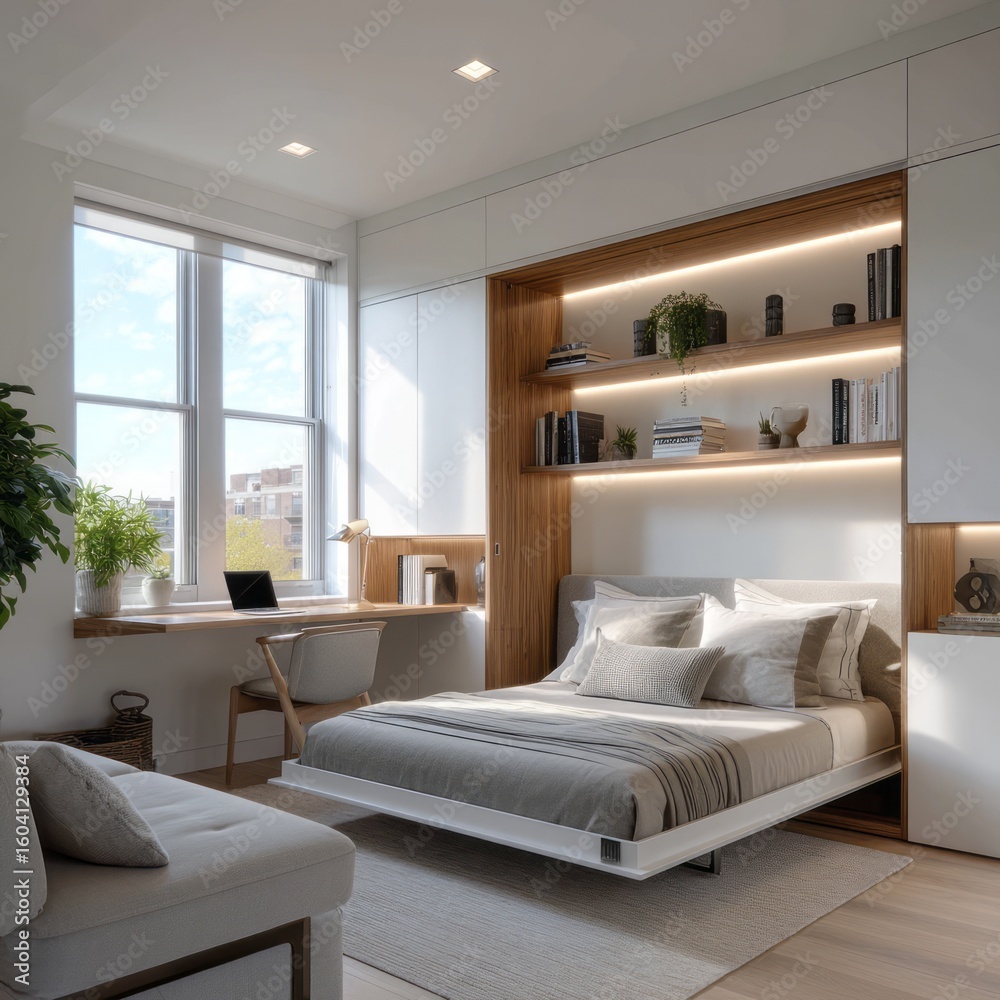 Fototapeta premium Compact bedroom design with built-in workspace and storage.