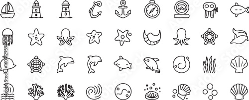 A sat of Collection of nautical and maritime themed line art icons