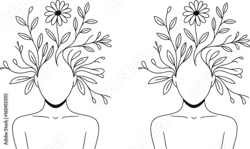 Two Line Drawings of Women with Floral Hair and Black Chokers