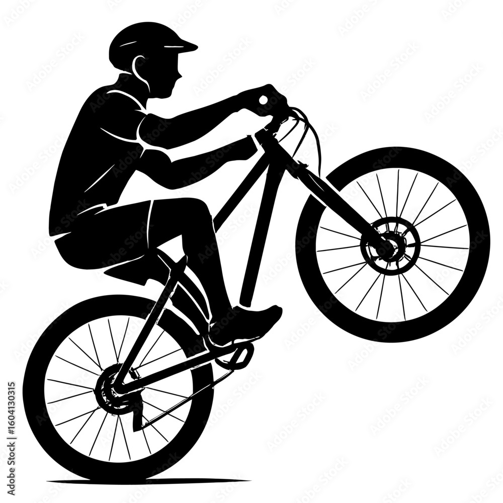 Fototapeta premium Dynamic Mountain Biker Performing a Wheelie Silhouette Icon Vector