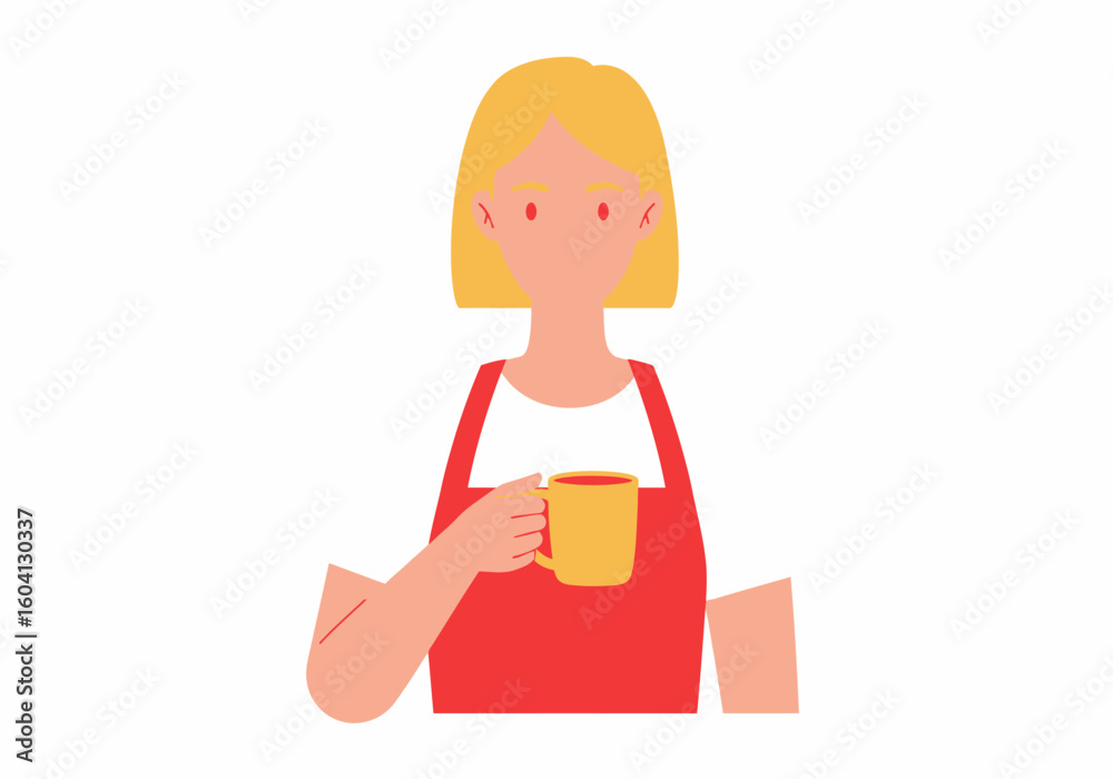 A faceless woman with blonde hair and a red apron holds a yellow mug A faceless woman with blonde hair and a red apron holds a yellow mug