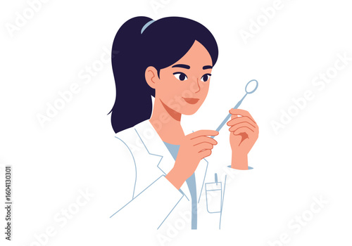 A dentist in a white coat inspects a dental mirror