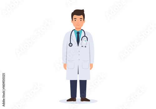 A doctor with a stethoscope and lab coat stands against a white background