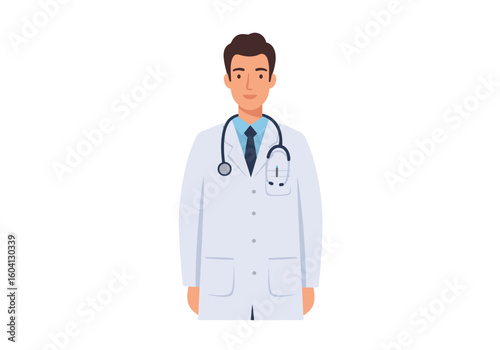 A doctor stands in a white coat wearing a stethoscope