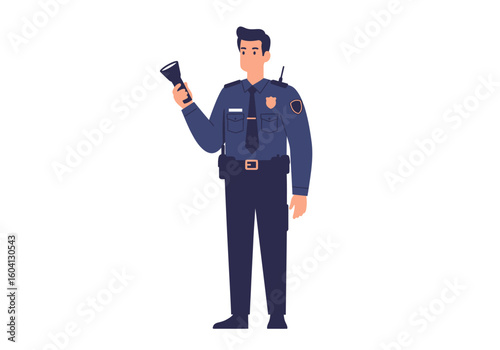 A police officer in uniform holds a flashlight standing on a white background