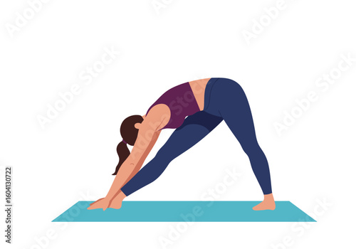 A woman doing a yoga pose legs spread bending at the waist on a blue yoga mat
