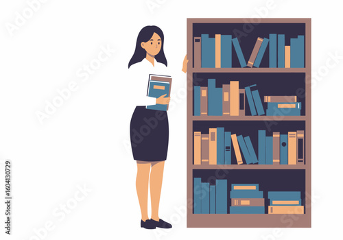 A woman holding books stands next to a bookshelf filled with books