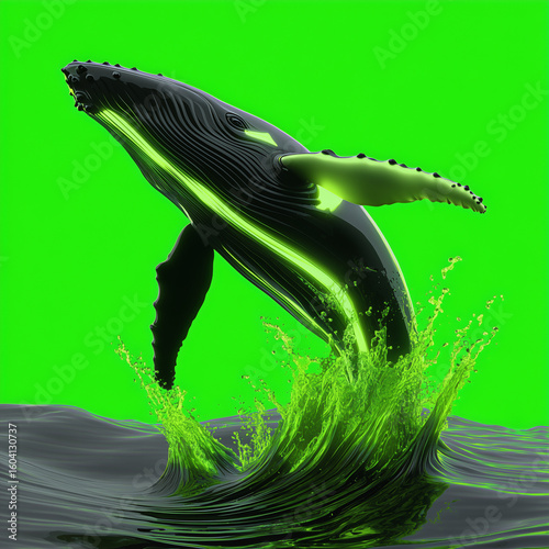 Energetic Humpback Whale Leaping from Ocean with Neon Green Glow
