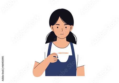 A woman with dark hair holds a teacup wearing a blue apron over a white shirt