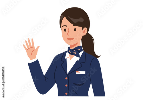Air hostess waving wearing a blue suit and ponytail isolated on white