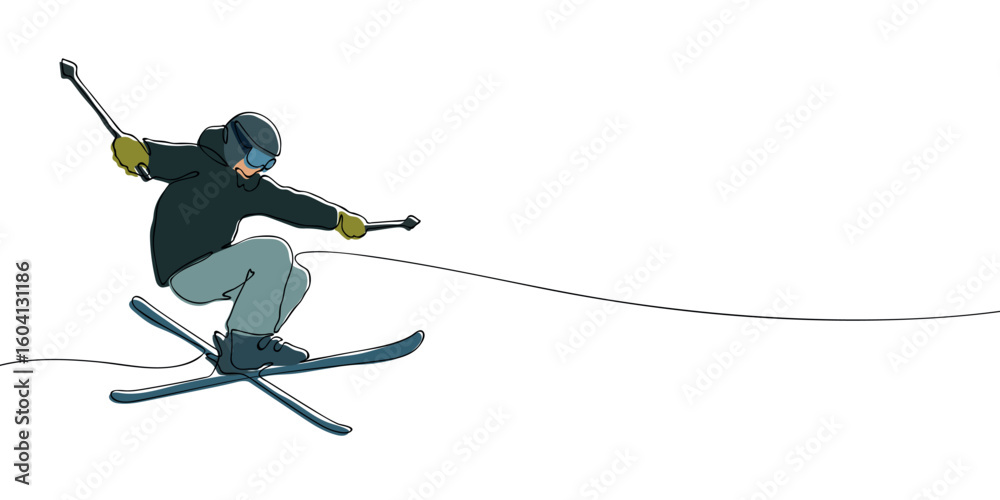 Fototapeta premium Freestyle skier performing aerial trick with crossed skis drawn in continuous line style and color fill. Winter sports and Olympic games concept for design and print.