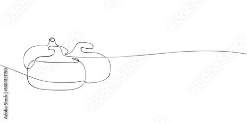 Three curling stones drawn in continuous line style on white background. Minimal contour illustration of winter sport equipment. Olympic curling match and ice competition concept.