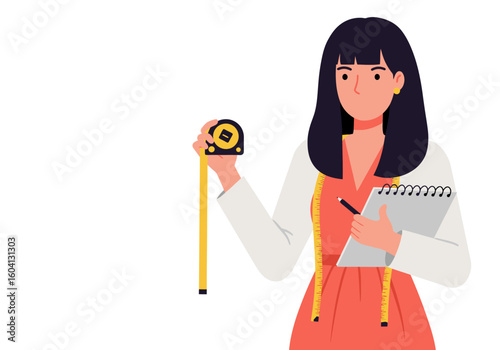 Cartoon of a person holding a tape measure and notepad with a yellow measuring tape draped around them