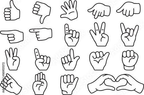 A sat of Collection of hand gestures and poses in outline style