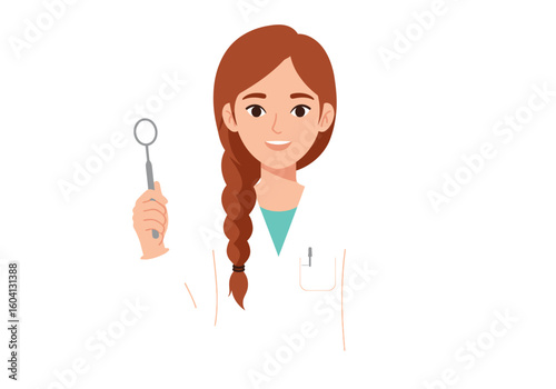 Cartoonstyle dentist with brown hair holding a dental mirror