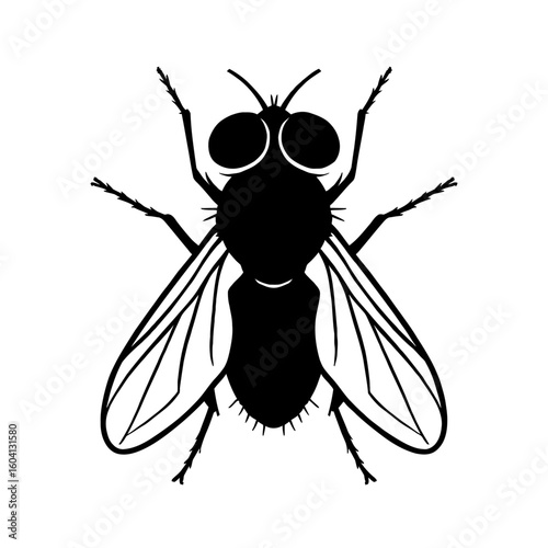 Detailed Housefly Insect Top View Black Silhouette Icon Vector