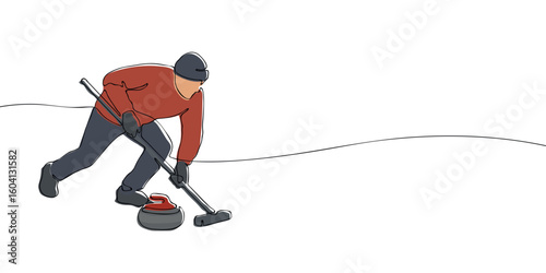 Curler sweeping ice in front of red-handled stone drawn in continuous line style with color fill. Vector illustration on white background. Winter sports and Olympic games concept for design and print.