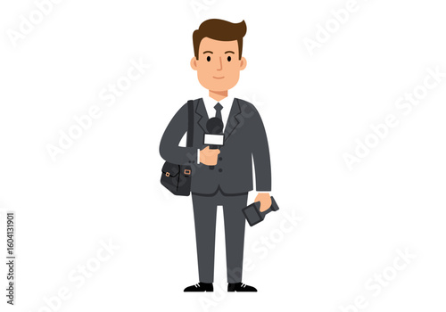 Man in suit likely a reporter holds a microphone and a small camera with a shoulder bag