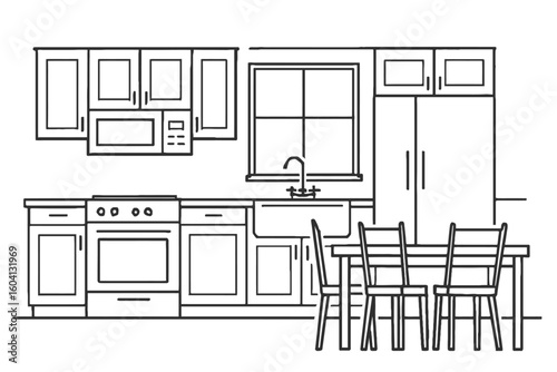 Modern Kitchen Interior Outline Illustration with Appliances and Dining Area