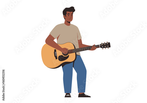Person plays guitar beige shirt blue pants black shoes guitar held with both hands