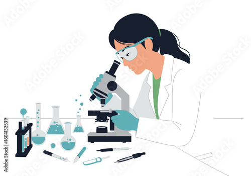 Scientist using a microscope in lab beakers flasks test tubes on table