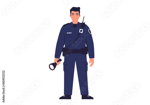 Security guard in uniform holding flashlight