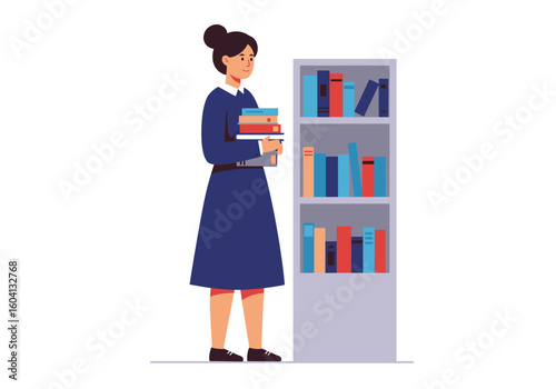 Woman in a navy dress holds books next to a bookshelf in a flat vector art style