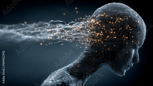 Digital Mind Unveiled: A stunning digital rendering portrays a human head dissolving into particles, representing the ephemeral nature of thought and the boundless potential of the digital age.