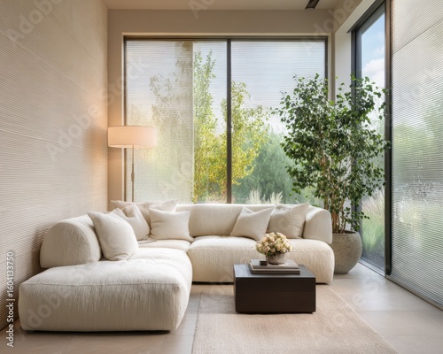Modern cream sectional sofa in a light-filled living room.